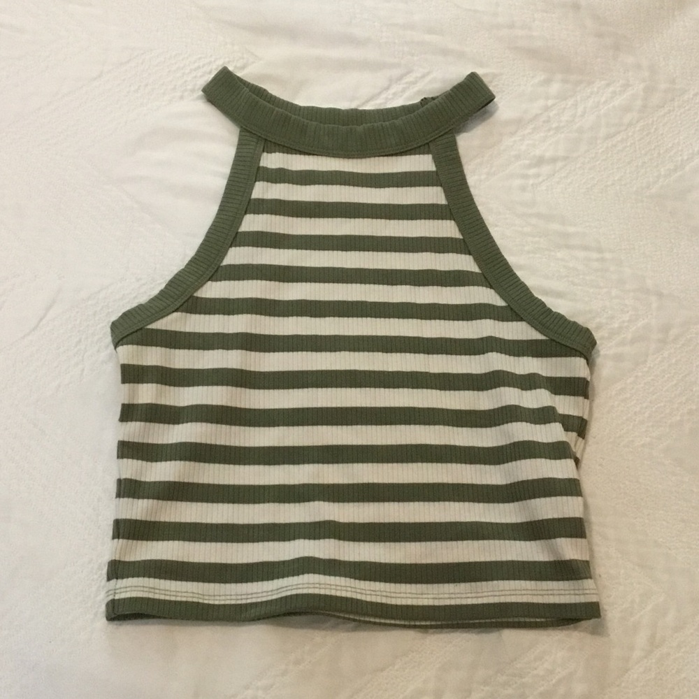 American Eagle Outfitters Olive and Cream White Striped Halter Crop Tank